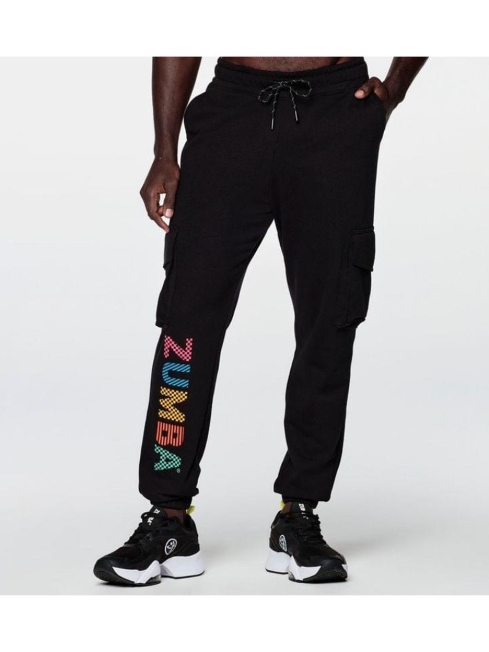NWT Zumba Coastal Men’s Cargo Pants, Black with Multicolor Logo, XL
